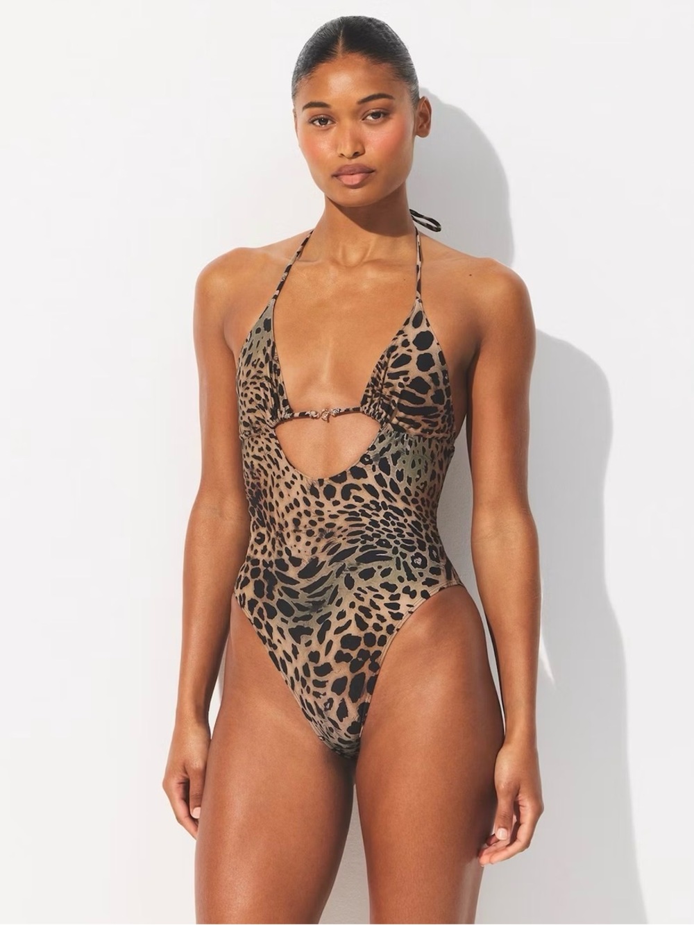 SKIMS Leopard-Print Halter One-Piece Swimsuit - Brown & Black